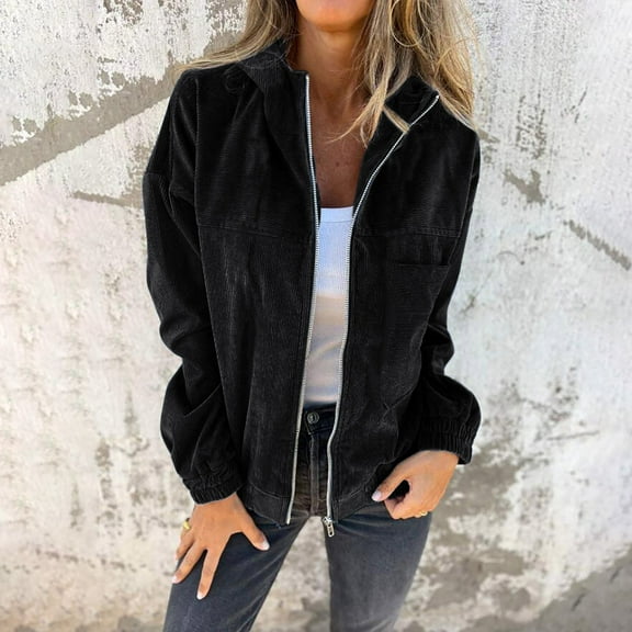 SNOWSONG Womens Corduroy Jacket, Womens Lightweight Corduroy Zippered Long Sleeve Jacket Casual Loose Outerwear, Denim Jackets, Jackets for Women Black L