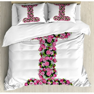 Letter I King Size Duvet Cover Set, Initial Letter I with Colorful Blooming Bouquet Daisies Realistic Looking Flowers, Decorative 3 Piece Bedding Set with 2 Pillow Shams, Pink Green, by Ambesonne