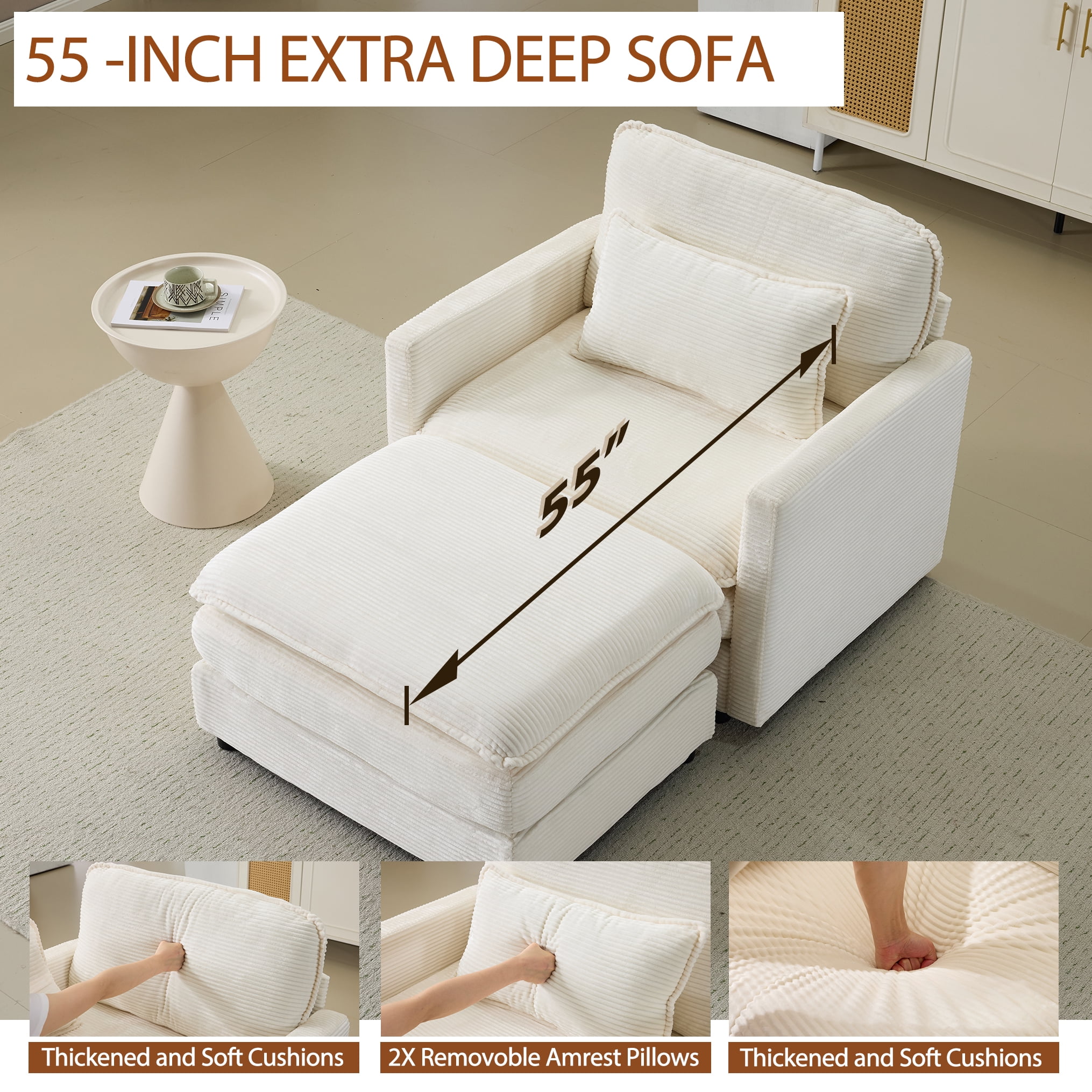 Gewnee 54"Cloud Sofa,Deep Seat Modular Single Sofa with Pillow and Ottoman,Comfy Corduroy Sofa Chair for Living Room,Bedroom,Apartment.Beige