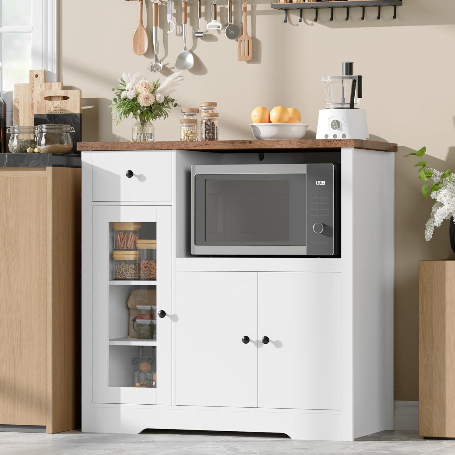 Yeshouse Pantry Storage Cabinet, Multipurpose Kitchen Sideboard with Drawer, 3 Doors & Adjustable Shelving