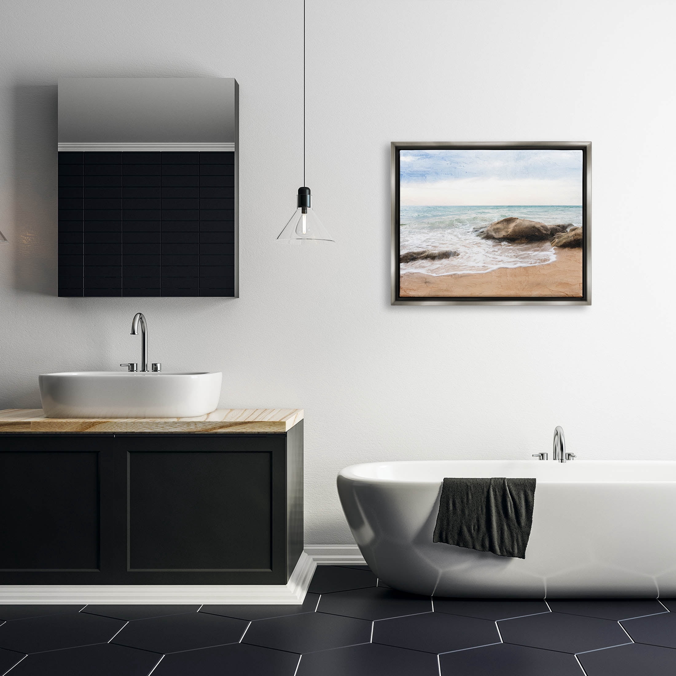 Stupell Industries Rocky Crashing Beach Waves Graphic Art Luster Gray Floating Framed Canvas Print Wall Art, Design by Ann Bailey