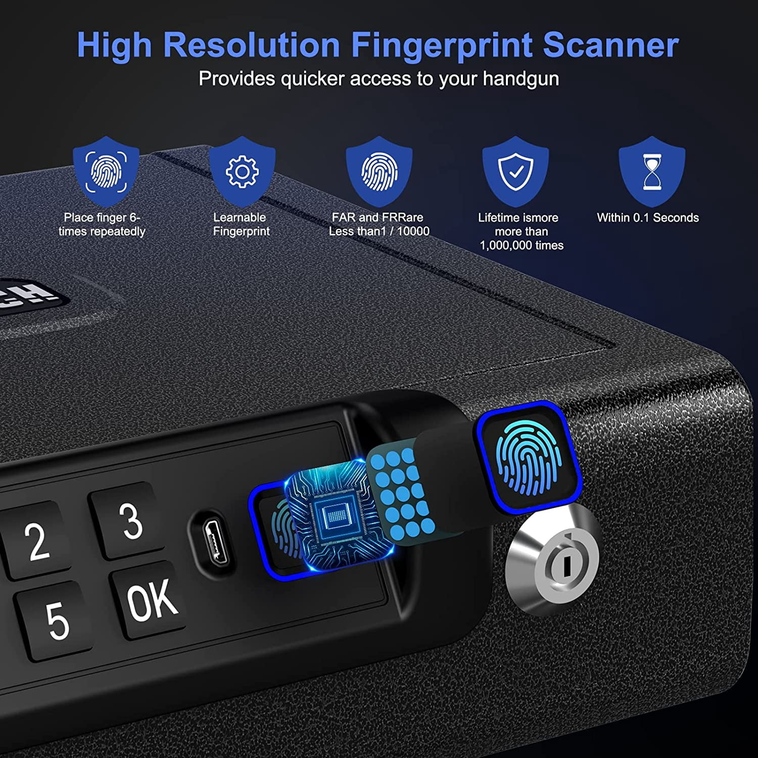 Gun Safe,Biometric Gun Safe for Pistols 3-Ways unlock Safe Fingerprint Digital PIN Key Unlock with Voice, Gun lock box for Cloakroom living room Bedroom Nightstand and Car