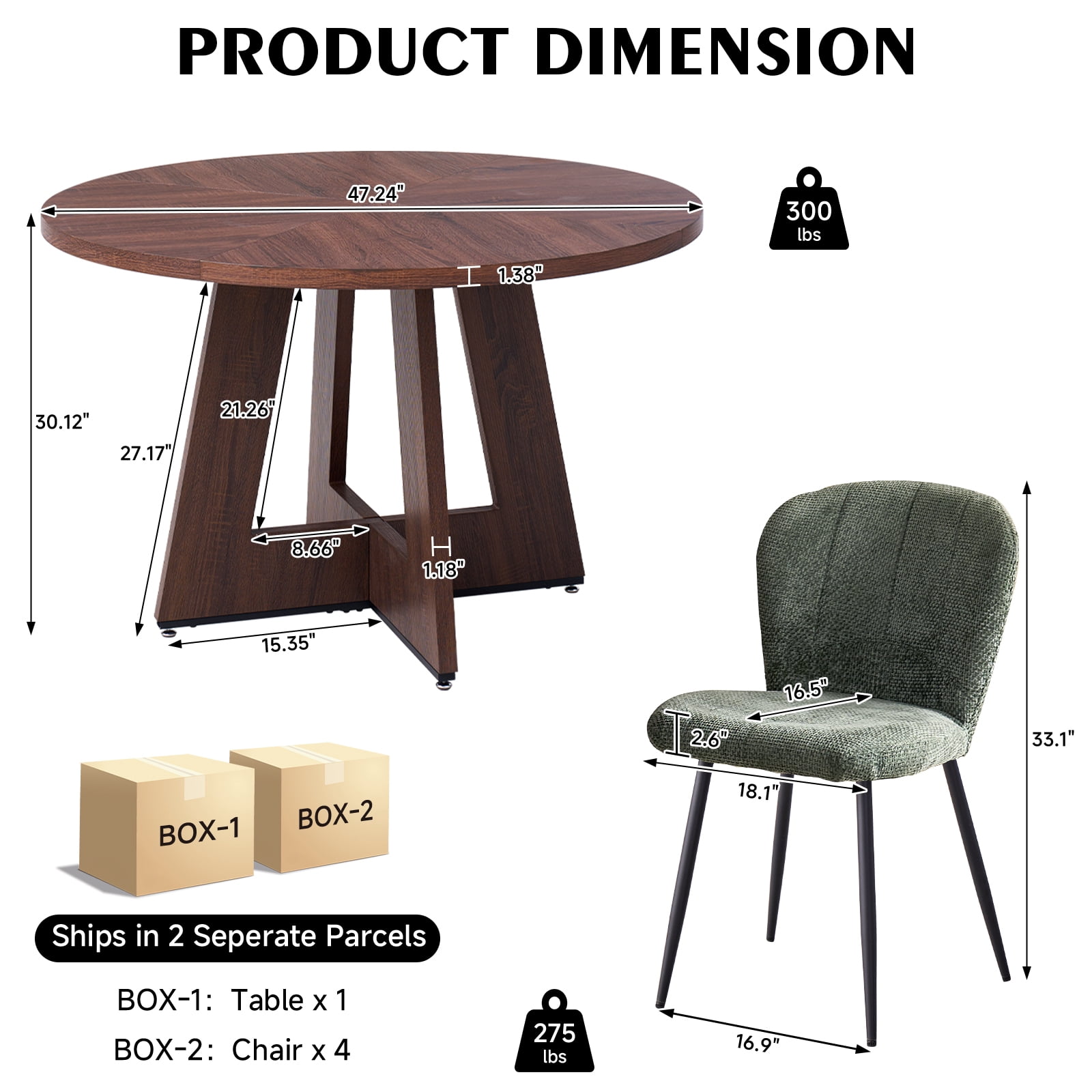 5 Piece 47" Round Dining Room Table Set for 4, [Fanned Base] [1.38" Thick Top] Wood Kitchen Table with 4 Green Chenille Dining Chairs