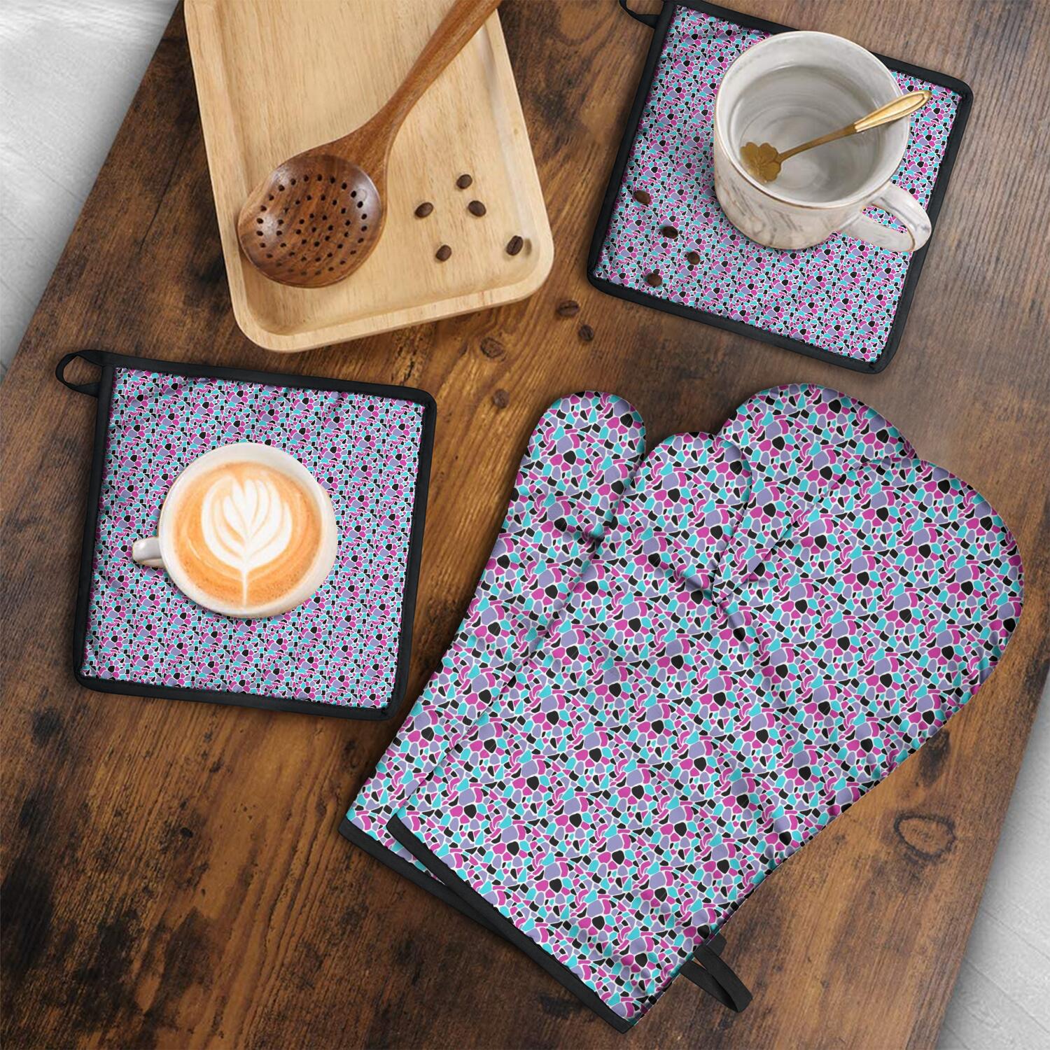 Leopard Print Oven Mitts and Pot Holders Set Of 4, Heat Resistant Kitchen Gloves with Non-Slip Grip, Hanging Loop, Soft Cotton Lining for Baking, Cooking, Grilling, Barbecue