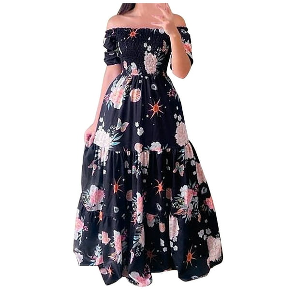 Vestido a media pierna informal con estampado floral bohemio de verano para mujer, vestido de fiesta en la playa con hombros descubiertos y hombros descubiertos Fridja bnh6829