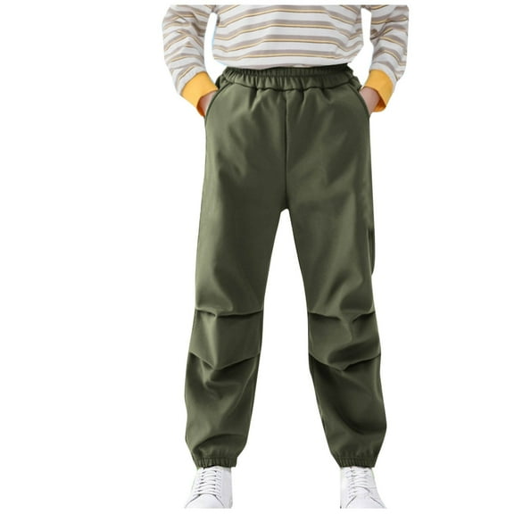 Riecok Cargo Pants for Boys Elastic Waist Casual Jogging Trousers Bottom with Pockets Solid Color Pull on Pants Army Green 15 Years