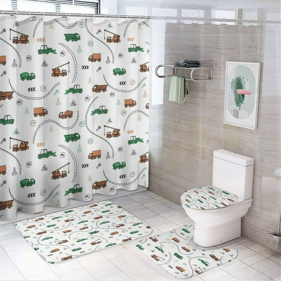 Cartoon Engineering Car Shower Curtain Waterproof Bathroom Curtain Set with Hooks Home Decor Bathroom Curtains