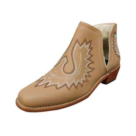 jsaierl Women s Shoes Fashion Stitching Color Minimalistic Retro Embroidery High Heel Thick Heels Short Boots