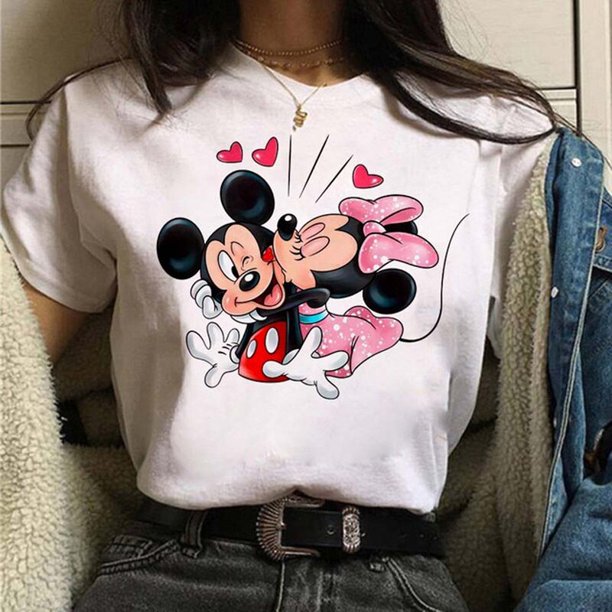 Disney Mickey and Minnie 100% Cotton T-shirt Cute Women's Top O-Neck Summer Kawaii Mickey Mouse Casual Tee Free ShippingS Gao Jinjia LED