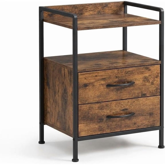 QinaQin 3-Tier Storage End Table,Nightstand with 2 Fabric Drawers,Storage Shelf for Living Room,Modern Bed Side Table with Open Shelf,Brown