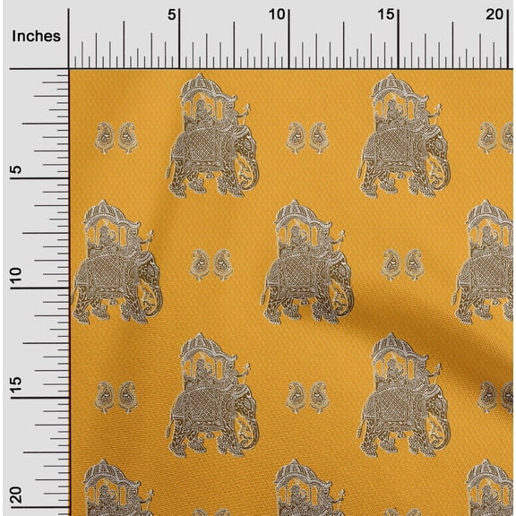 oneOone Viscose Chiffon Mustard Yellow Fabric Paisley|Human & Elephant Block Dress Material Fabric Print Fabric By The Yard 42 Inch Wide