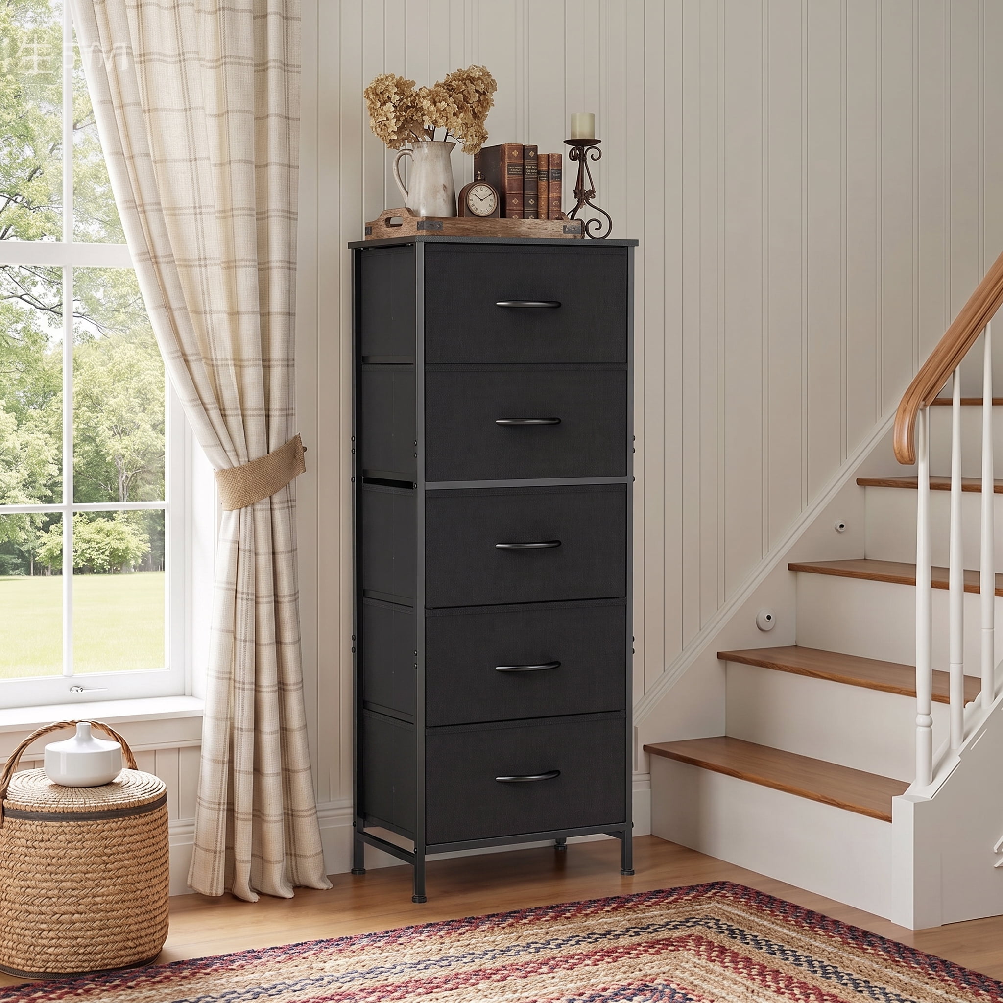 TrumanPick Fabric Storage Drawer Bedroom Dresser, Tall Dresser for Closet, 5 Fabric Dresser with 5 Storage Drawers for Clothes, Living Room, Hallway, Entryway, Black