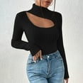 thumbnail image 2 of Women's Ribbed Knit Long Sleeve Turtleneck Tops Cutout Hollow Out Slim Fit Pullover Shirts Black1,S, 2 of 6