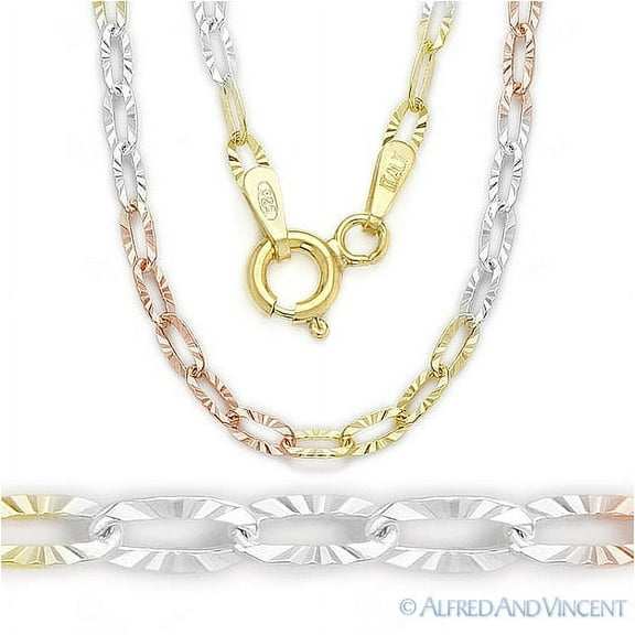 2.3mm D-Cut Pave Paper Clip Cable Link Chain Necklace in Tri-Tone .925 Sterling Silver