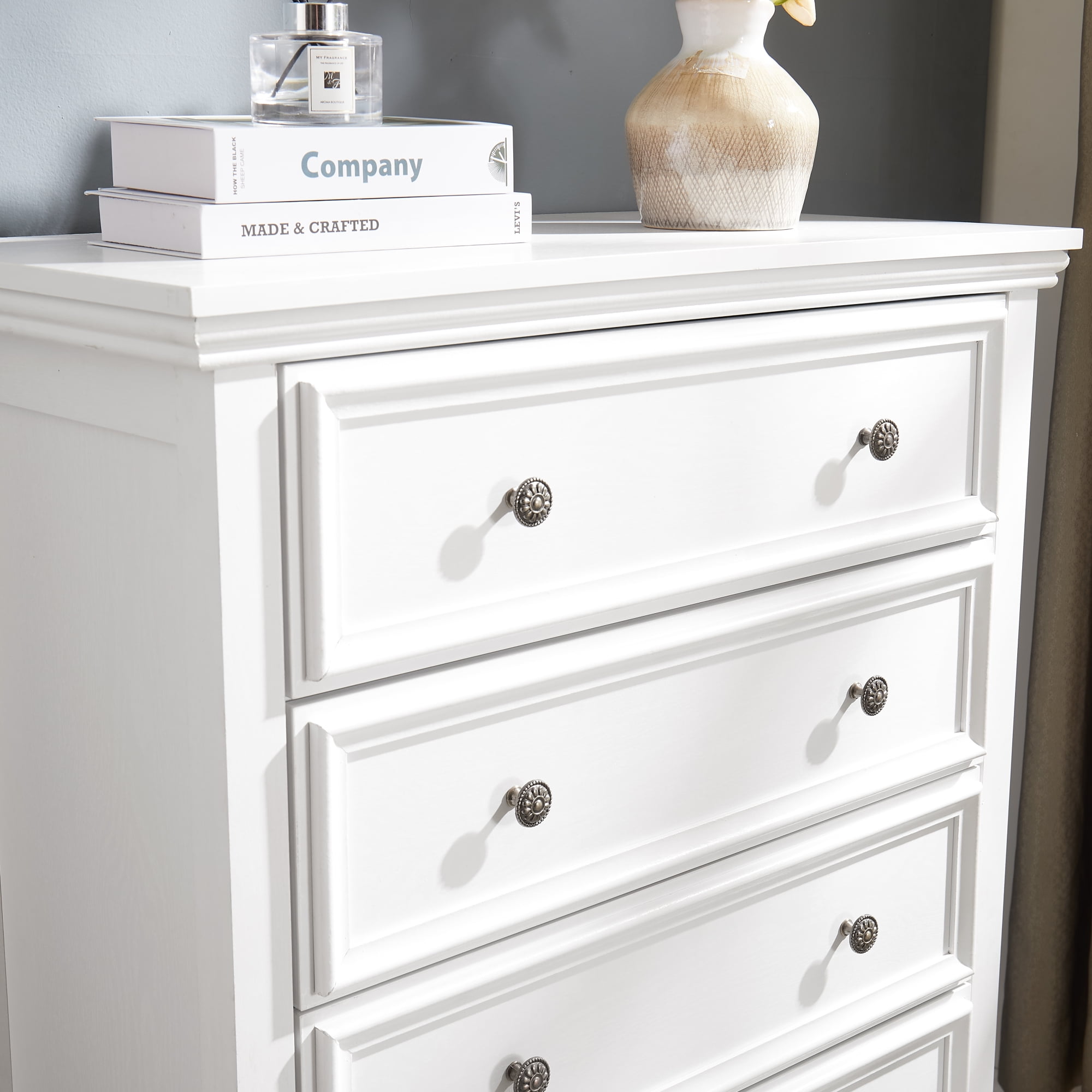 Leumius 5-Drawers Dresser,Farmhouse Tall Chest of Drawers Closet Organizers and Storage for Living Room,Bedroom,White