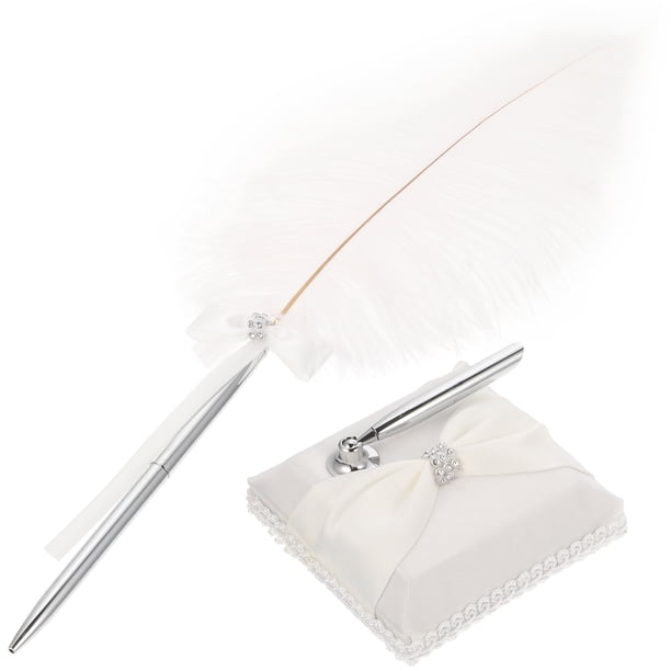 Bolígrafo de firma de pluma de avestruz para boda con portaplumas (blanco)