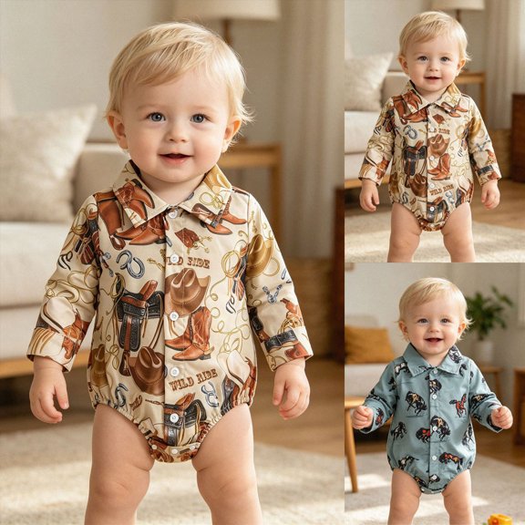 12-18 Months Newborn Western Baby Boy Clothes Cowboy Shirt Romper Long/Short Sleeve Button Dress Bodysuit Infant Gentleman Outfits Blue
