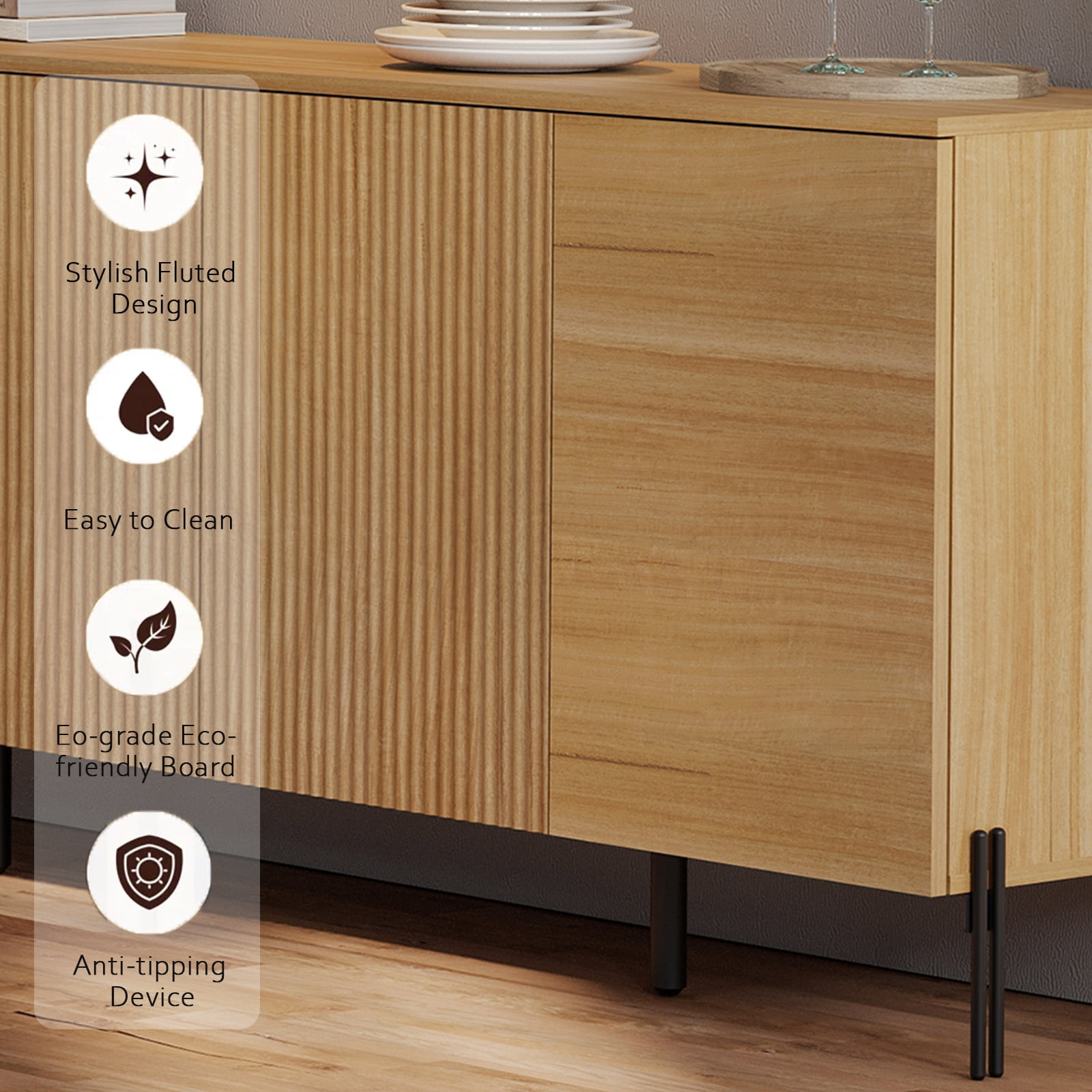 61" Minimalist 4-Door Sideboard With Rectangular Geometric Design And Double Chopstick Leg Base