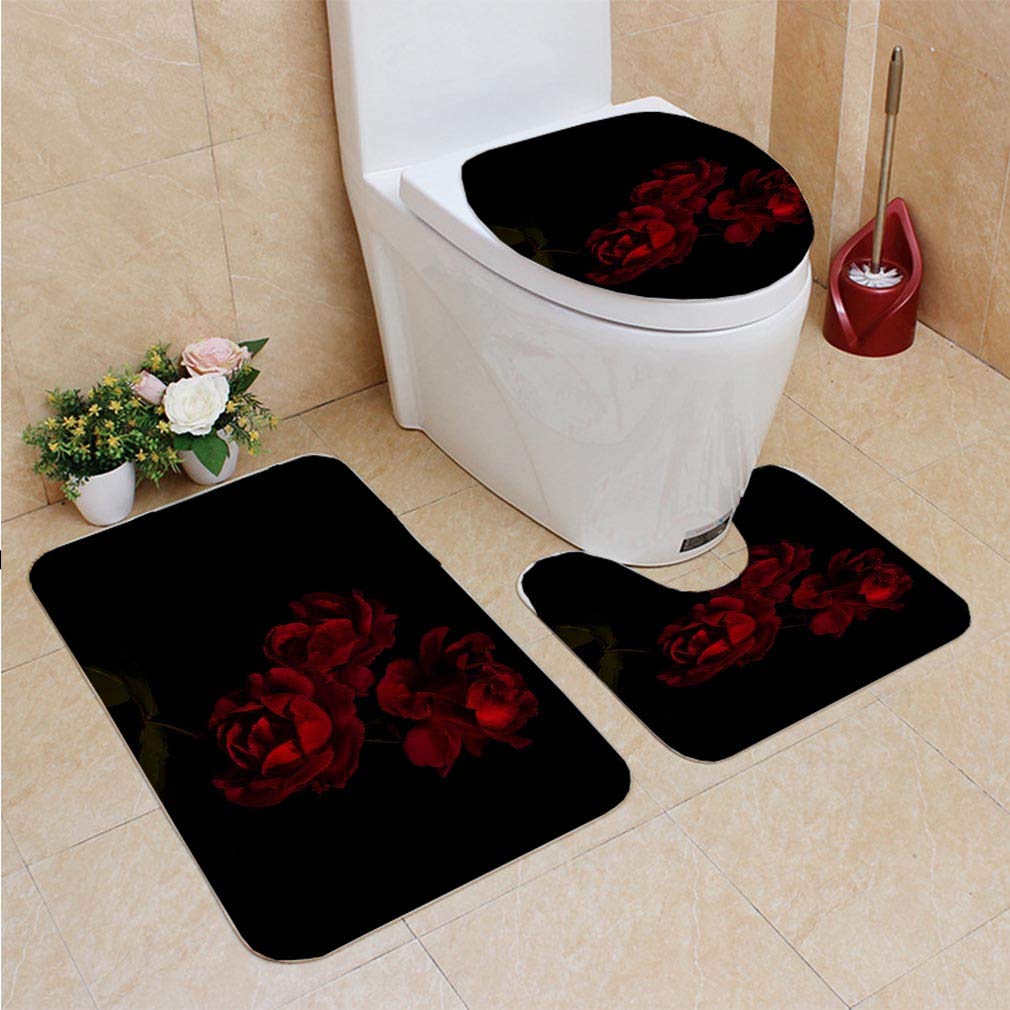 GOHAO Red Roses 3 Piece Bathroom Rugs Set Bath Rug Contour Mat and