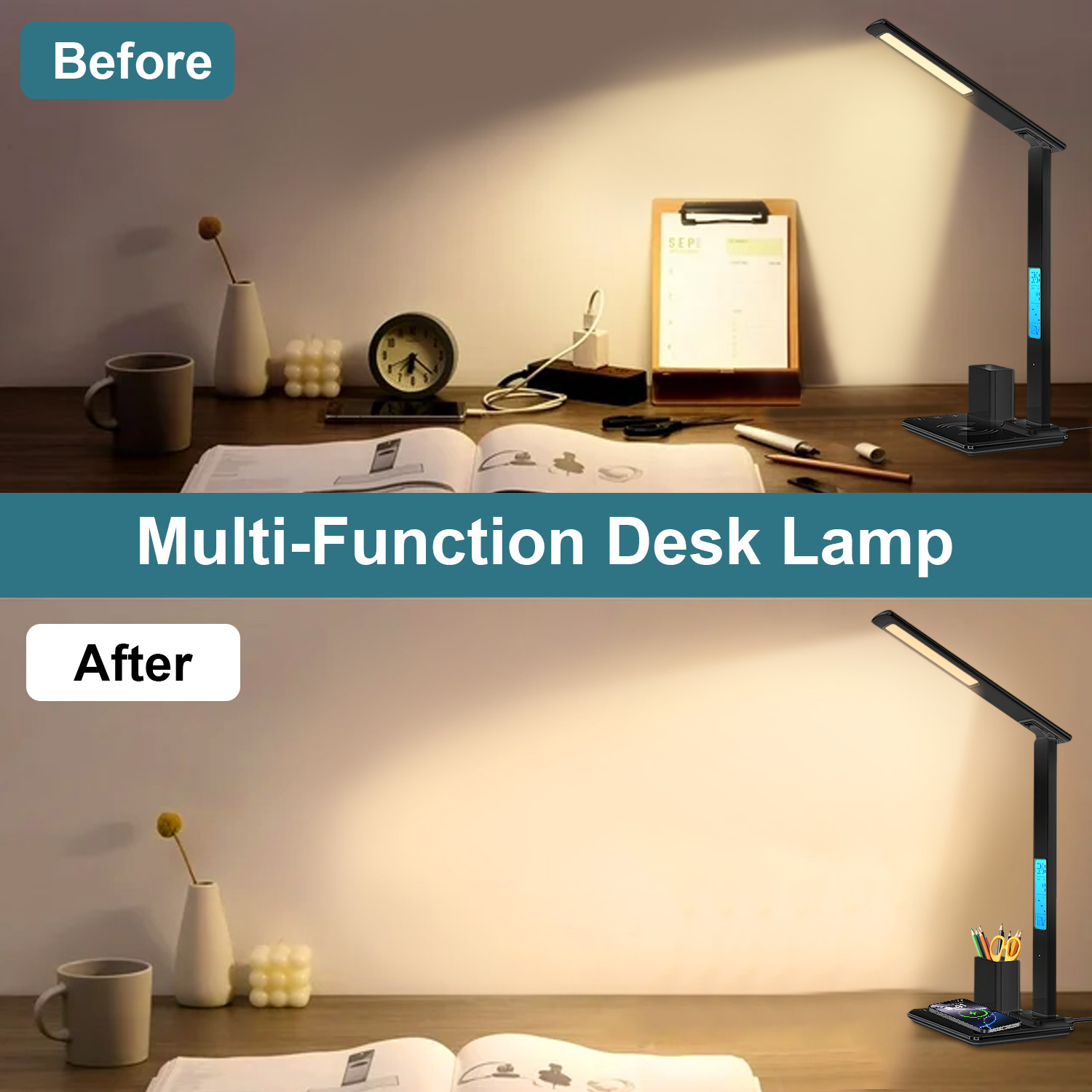 Desk Lamp, LED Desk Lamps for Home Office, Wireless Charger Touch Table Lamp with Pen Holder, Dimmable Office Desk Light with Clock, Alarm, Date, Temp, Foldable Lamp for Table Bedroom Office, Black