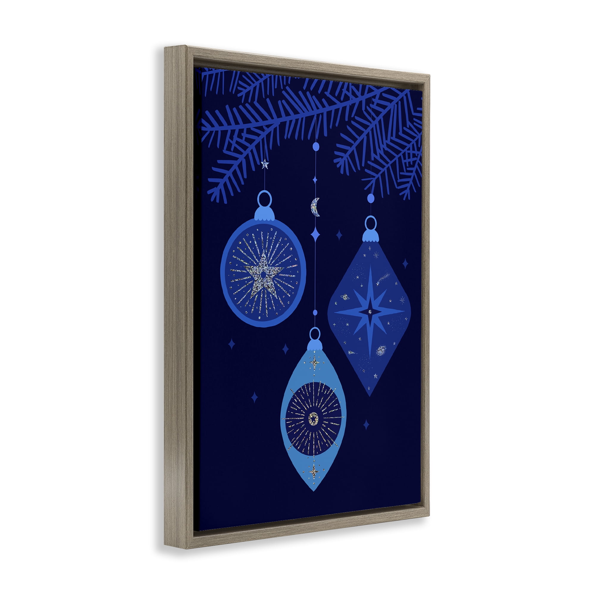 Stupell Industries Blue Hanging Ornaments Holiday Painting Brown Floater Framed Art Print Wall Art, 21 x 31