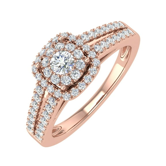 1/2 Carat Prong Set Diamond Cushion Cut Halo Engagement Ring in 14K Rose Gold (Ring Size 7)