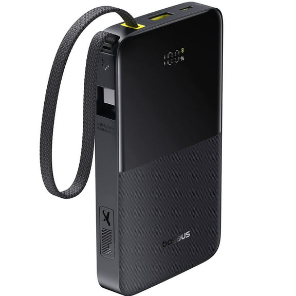 Baseus 10000mAh Power Bank with Built-in Cables, Fast Charging Portable Charger for 3 Devices, LED Display, Compact Design, Black