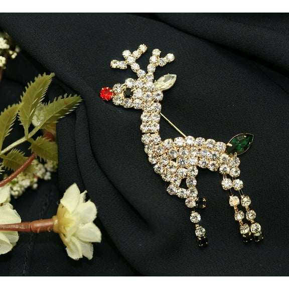 Rhinestone Rudolph Reindeer Christmas Pin Brooch, MOVABLE LEGS, Xmas Holiday Costume Jewelry Gift