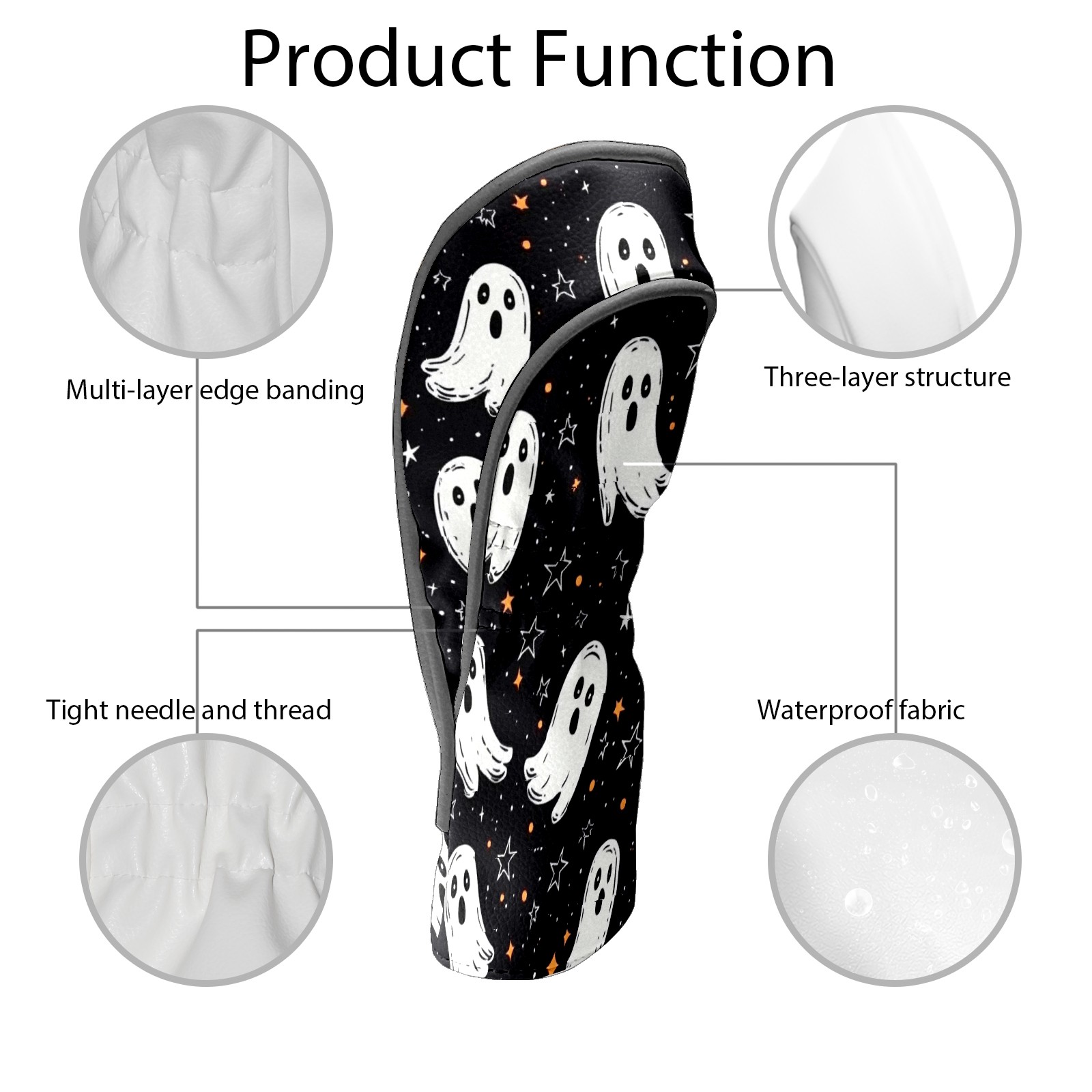Golf Club Covers, Black WhiteGhost Premium PU Leather Driver Hybrid Putter Head Covers with Velvet Lining, Waterproof Golf Gifts for Men Women