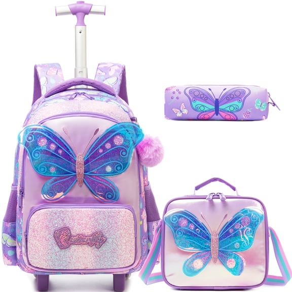 Kids Rolling Backpack for Girls with Wheels Cute Rolling Backpacks with Lunch Box Pen Bag for Pupil Bookbag Ages 6-12 Purple Butterfly