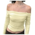 thumbnail image 4 of JGGSPWM Womens Mesh Chiffon Crop Tops Off The Shoulder Slim Fit Tshirt Tee Shirts Tunic Solid Long Sleeve Tops Y2k Blouse Pullover Yellow M, 4 of 9