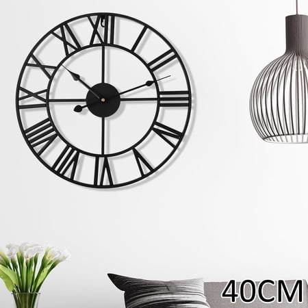 Vensio -15.7 Inch Outdoor Roman Numeral Wall Clock with Metal Frame, Large Round Farmhouse Decorative Clock for Garden Patio and Pool Fence, Battery Operated Black