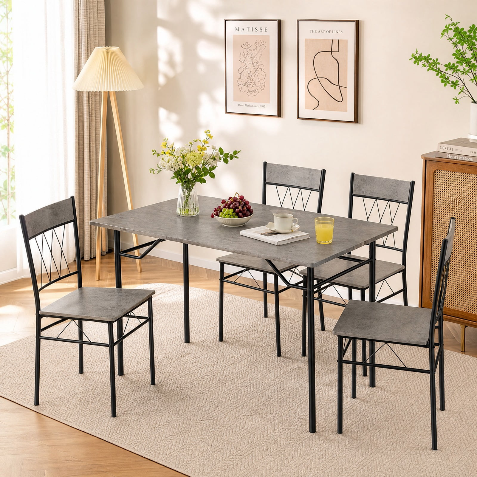 Furnibear 5 Piece Dining Table Set for 4 with Kitchen Table and Metal Frame Dining Chairs for Small Apartment Dining Room, Gray