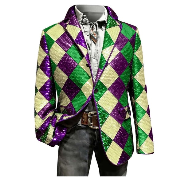 Xdegoge Men's Sequin Blazer Jacket Mardi Gras Sparkly Sport Coat Party Carnival Suit Jackets Holiday Masquerade Night Going Out Outfits