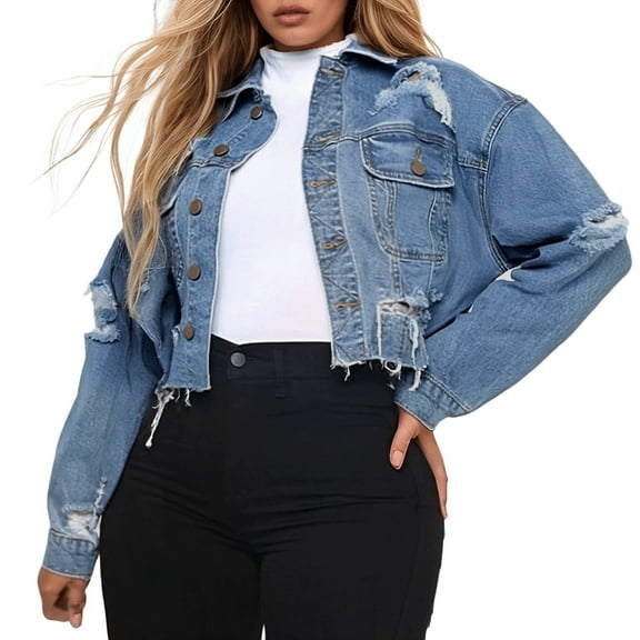 Women's Jackets Fall Jacket Women's Cropped Denim Jacket - Ripped Distressed Long Sleeve Jean Jacket, Vintage Washed Style, Casual Grunge Look