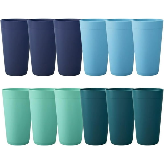 Newport 20 ounce Unbreakable Plastic Stackable Water Tumblers in 4 Coastal Colors | Set of 12 Drinking Cups | Reusable, BPA-free, Made in the USA, Top-rack Dishwasher and Microwave Safe