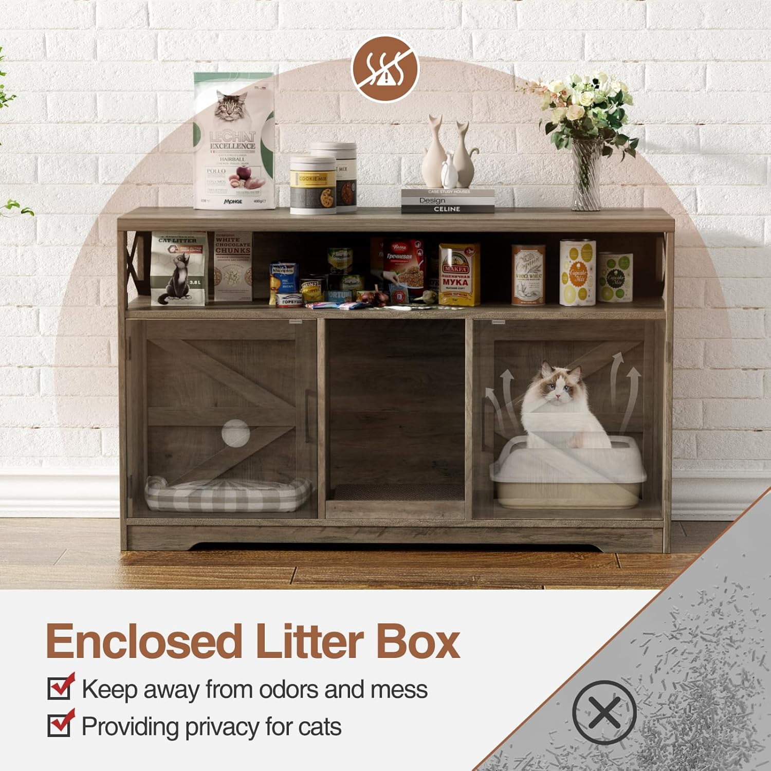 VEANERWOOD 47" Large Wood Cat Litter Box Enclosure, Hidden Cat House Washroom Furniture with Scratch Pad and Storage Shelf