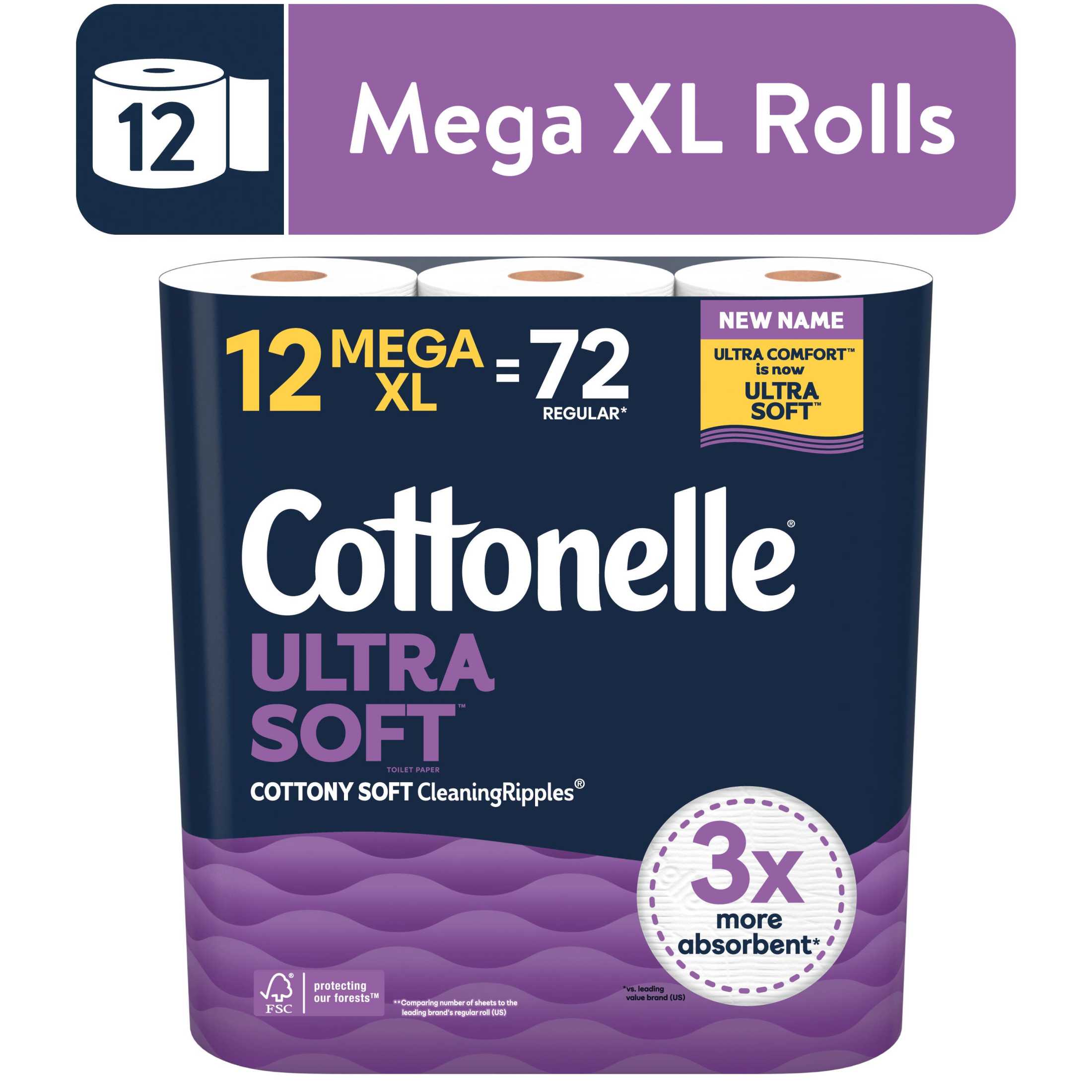 Cottonelle Ultra Soft Toilet Paper, Strong Toilet Tissue, 12 Mega XL Rolls
