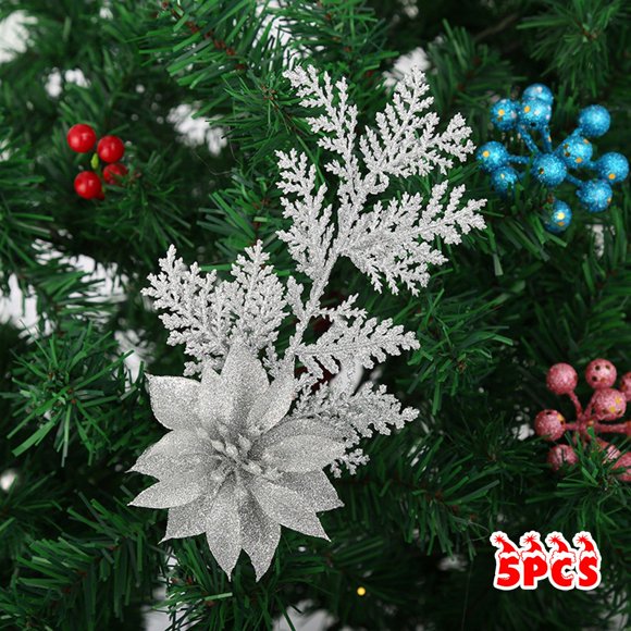 5Pcs Christmas Poinsettia Glitter Flower Pine Branches Tree Hanging Party Decor