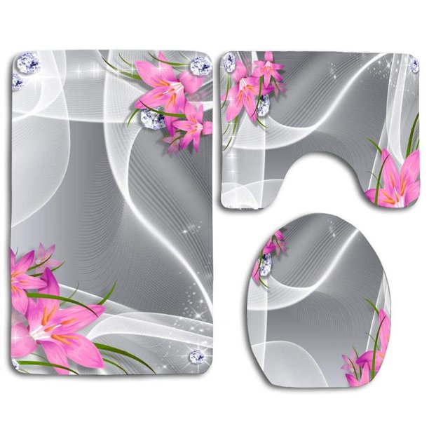 Gohao Pink Lilies Silk Diamonds 3 Piece Bathroom Rugs Set Bath Rug Contour Mat And Toilet Lid Cover Walmart Com Walmart Com
