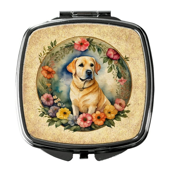 Yellow Labrador Retriever and Flowers Compact Mirror 2.75 in x 3 in