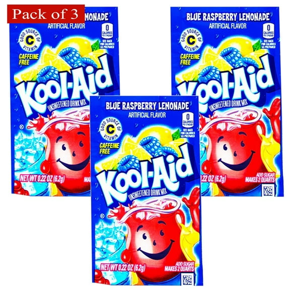 Kool Aid Limonade Framboise Bleue Glacée, Mélange de Boisson Gazeuse Non Sucré (0.22 Oz) (Lot de 3)