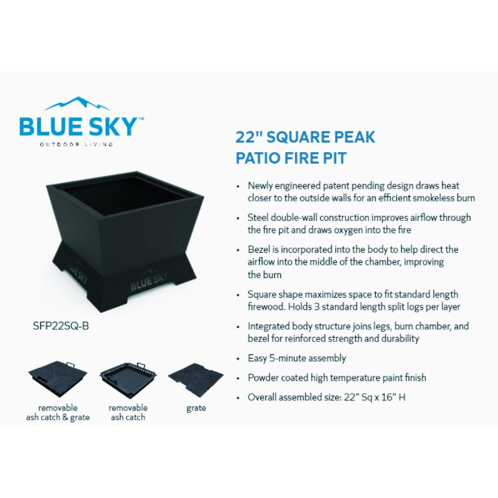 Blue Sky Outdoor Living Square Steel Peak Smokeless Patio Fire Pit, Black