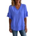 thumbnail image 2 of Linen Shirts for Women Summer Short Sleeve Loose Casual V Neck Raw Distressed T Shirt Lightweight Beach Tops, 2 of 5