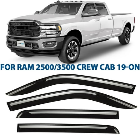 CLIM ART Incredibly Durable Rain Guards for Dodge RAM 2500 3500 2019-2026 Crew Cab, Original Tape-on Window Deflectors, Vent Deflector, Vent Window Visors,Dark Smoke,Truck Accessories, 4pcs-409006LPv