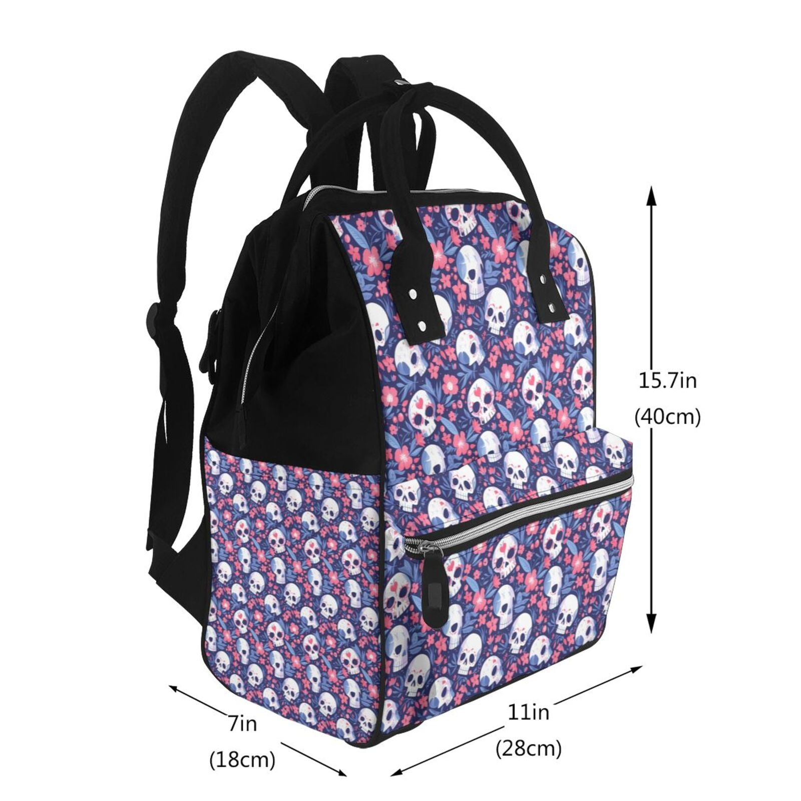 Xecao Skull cartoon flower print Large Capacity Nappy Bag is a multi-functional waterproof travel backpack, perfect as a nursing bag or mummy backpack for women