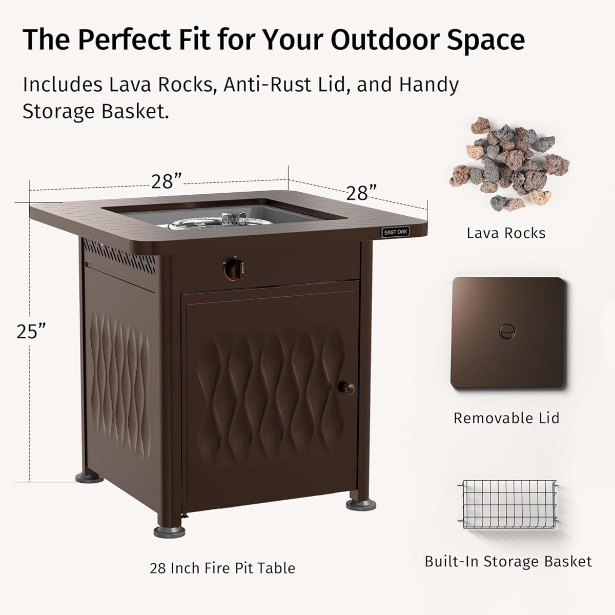 EAST OAK 28" 52000 BTU Propane Gas Fire Pit Table for Outside with Magnetic Lid Storage Basket & Lava Rocks CSA Certified for Patio, Chocolate Brown