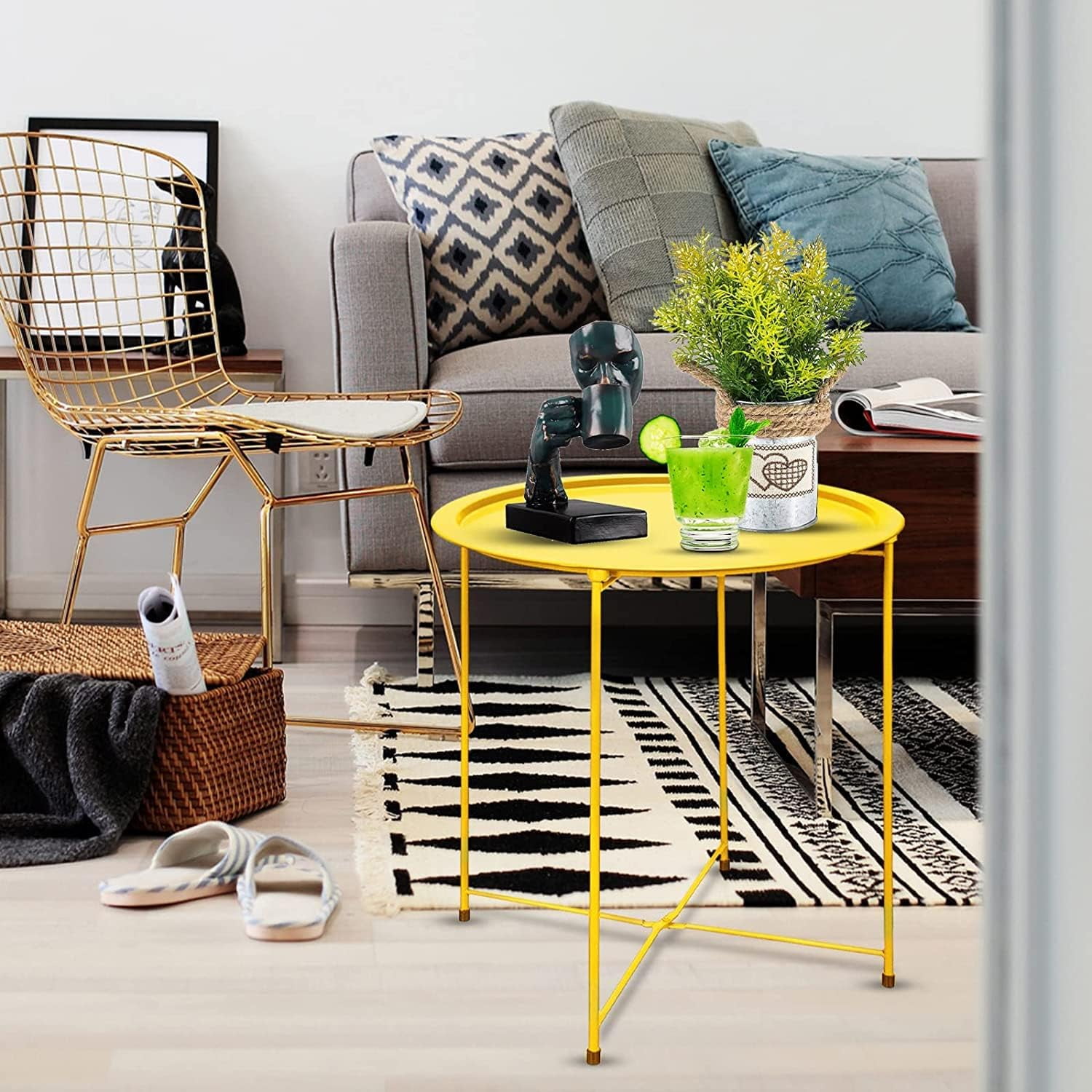 Folding Tray Metal Side Table 2PC Yellow Round End Table Cyan Sofa Small Accent Fold-able Table, Round End Table Tray, Next to Sofa Table, Snack Table for Living Room and Bed Room