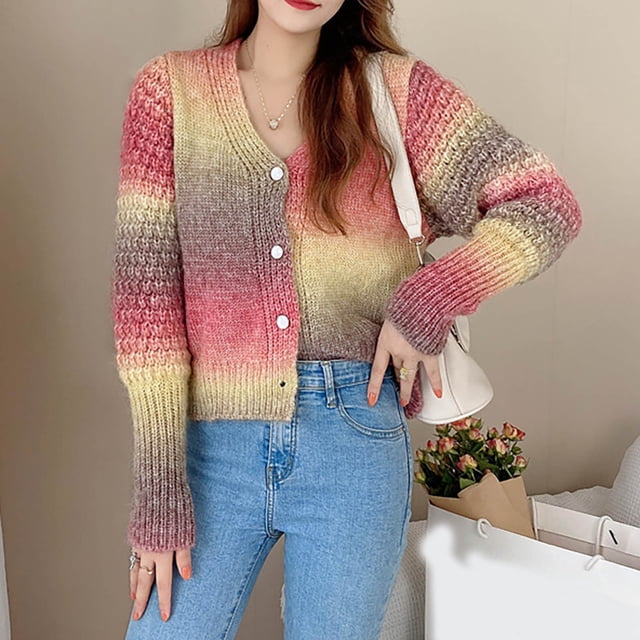 IROINID Cardigan Court à Manches Longues pour Femmes, Col en V, Teinture sur Nœuds, Rouge
