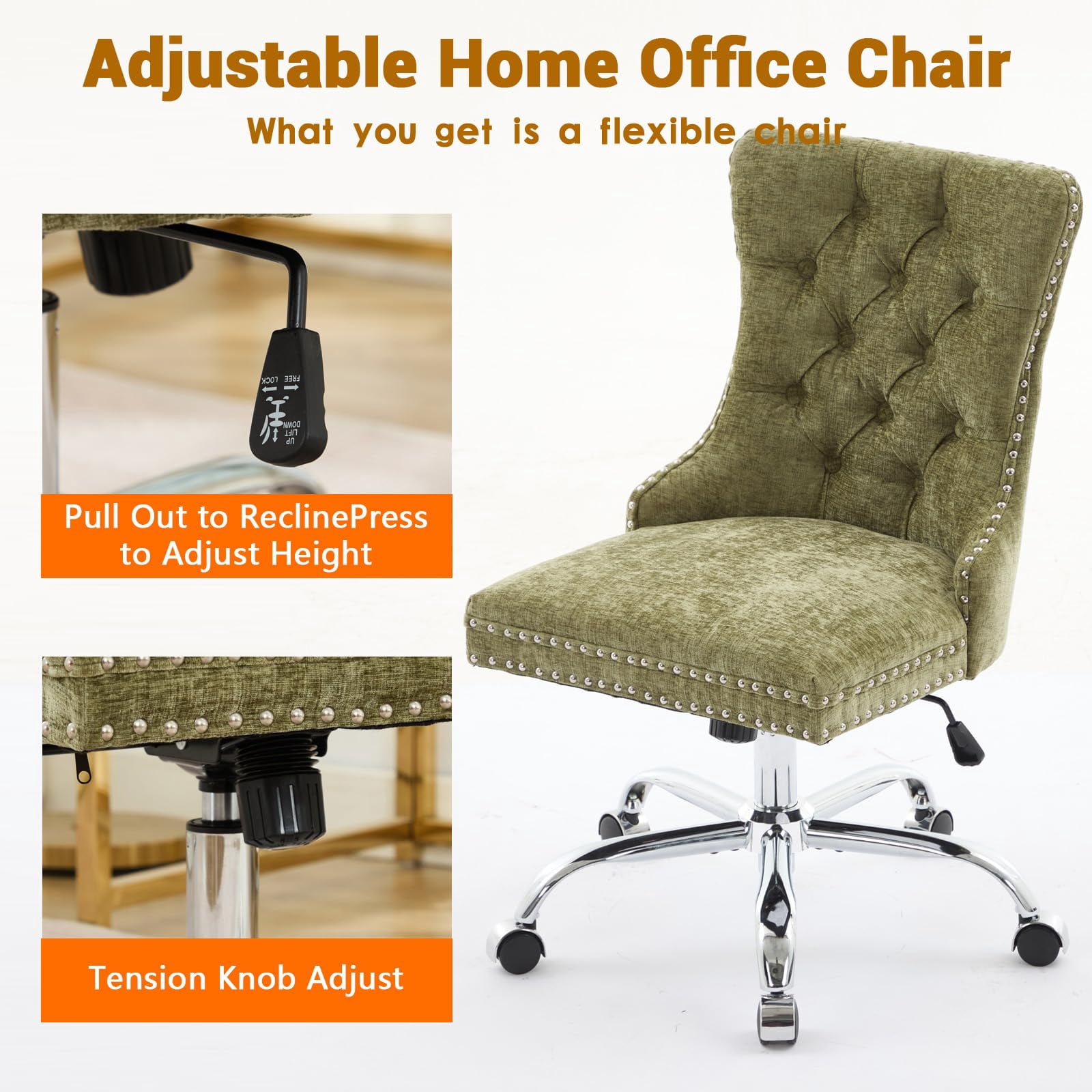 Pawverly Velvet Upholstered Office Chair, Tufted Button Swivel Desk Chair with Adjustable Height, Gold Metal Base & Wheels, Modern Vanity Chair, Green
